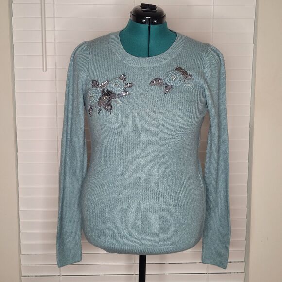 Ann Taylor Loft Blue Floral Appliqué Embroidered Sweater Puff Sleeve Small NWT - Picture 1 of 8